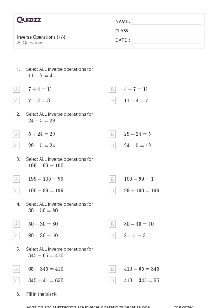 Inverse subtraction practice sheet designed for young learners in subtraction category First Grade worksheet focusing on inverse subtraction problems to find missing numbers