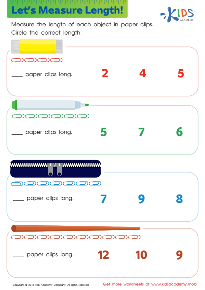 First Grade Measure the Length worksheet showing objects to measure
