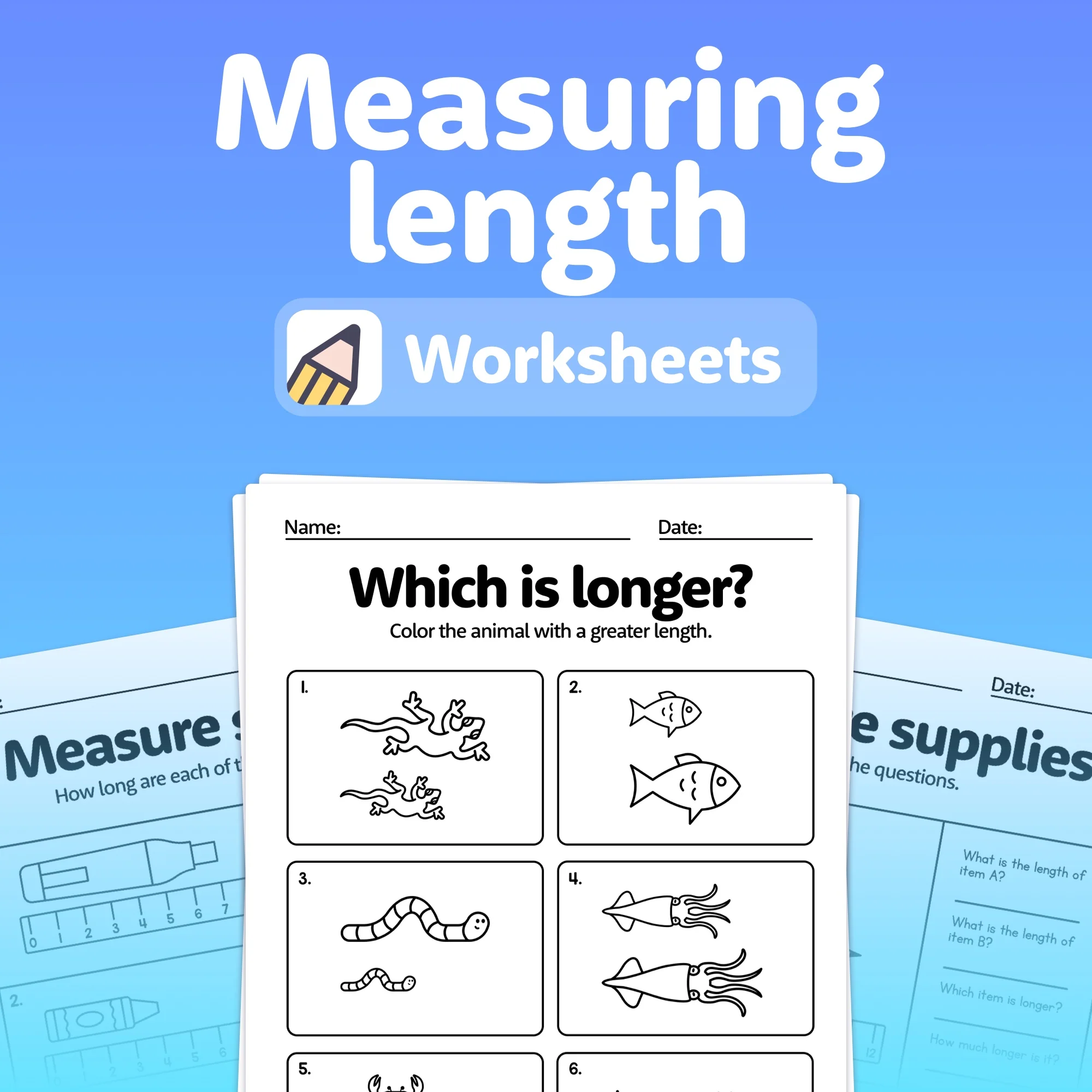 First Grade student completing a Measure the Length worksheet with household items