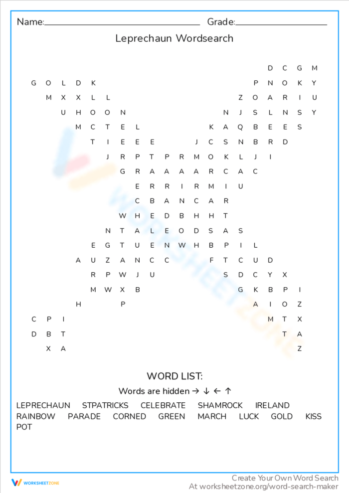 Engaging St. Patrick's Day word search activity featuring leprechaun-related terms for young learners Leprechaun-themed word search worksheet for first graders to celebrate St. Patrick's Day