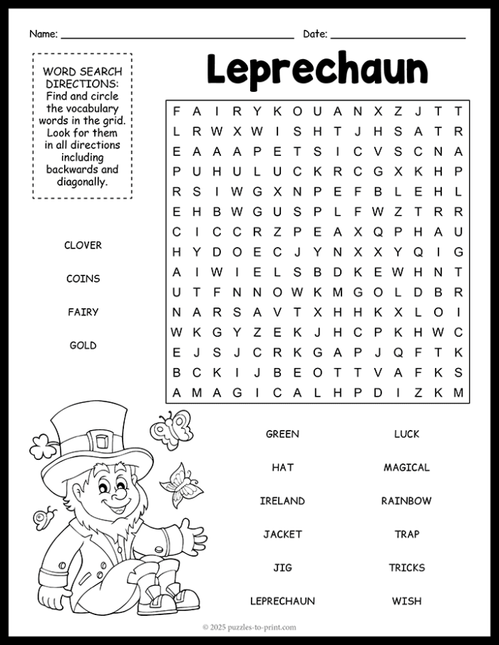 Engaging St. Patrick's Day word search activity for practicing vocabulary skills Leprechaun Word Search worksheet for first graders to celebrate St. Patrick's Day