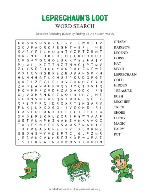 Fun St. Patrick's Day word search activity featuring leprechauns and decimals for grade one Leprechaun-themed word search worksheet for first graders to celebrate St. Patrick's Day