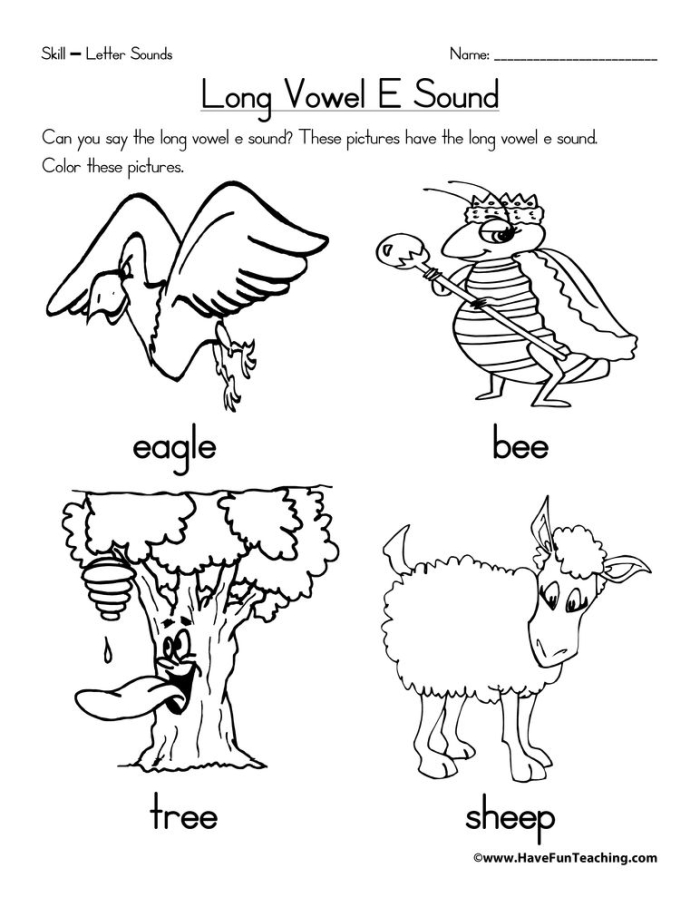 Long E Words Activity 14 for Beginning Readers First grade long e sound sorting worksheet with pictures and words for phonics practice