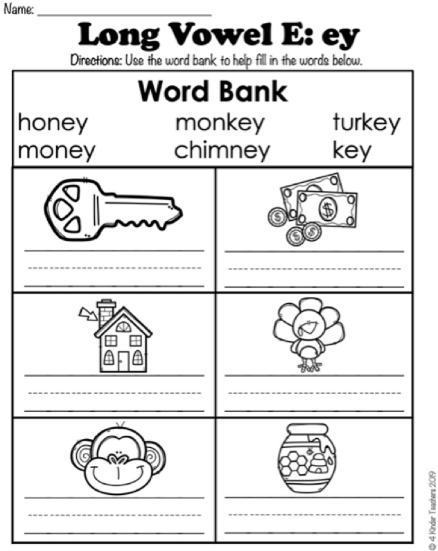 Long E Words Sorting Activity for Beginning Readers Grade 1 First grade long e sound words sorting worksheet with pictures and word choices