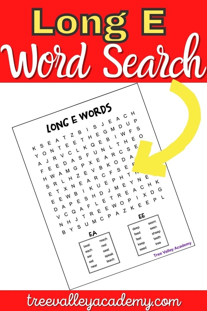 First Grade Long E Word Search worksheet with fraction-themed words to find