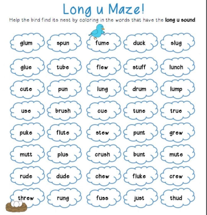 Worksheet for identifying long U words through matching exercises for first graders