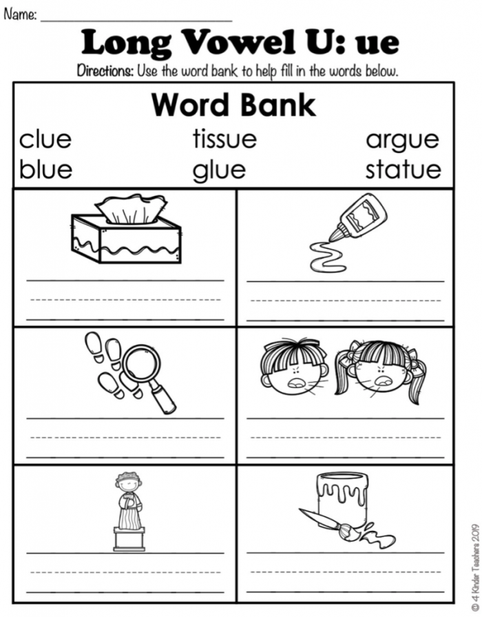 Worksheet for first graders to practice long U words through matching activities