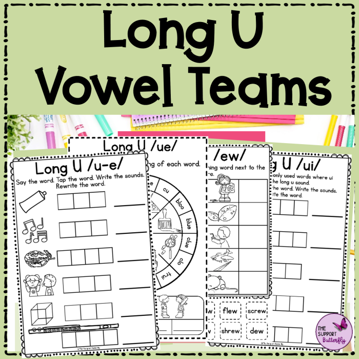 Worksheet for learning long U words through matching activities for first graders