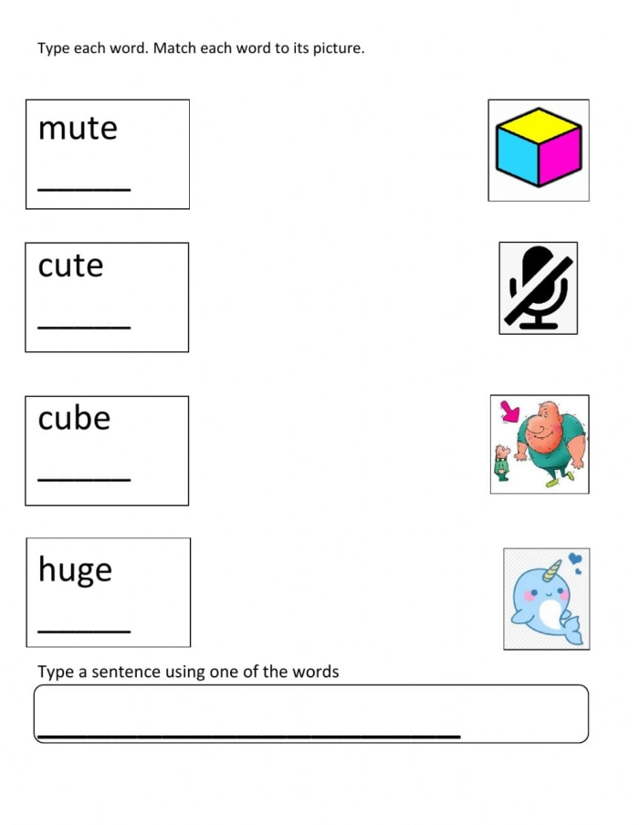 Worksheet featuring first graders practicing long U sound by matching words to images