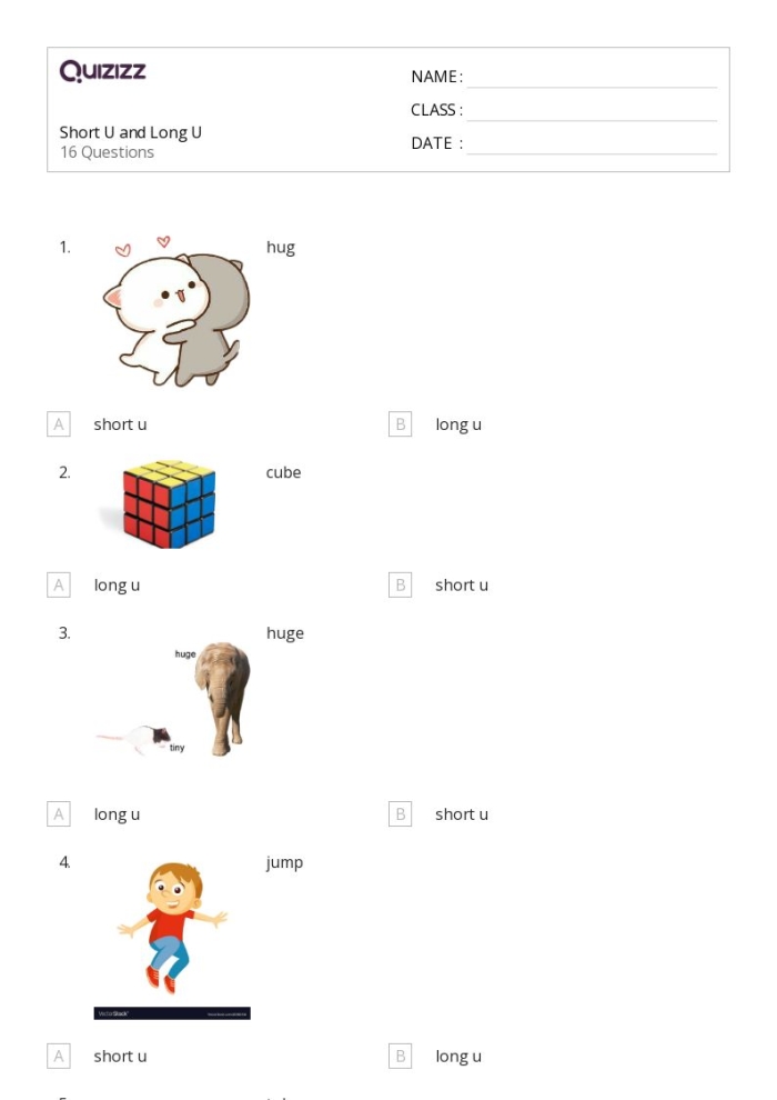 Worksheet for first graders focusing on long U sound word and picture matching