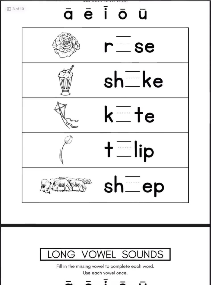 Worksheet for first graders to practice long U words through matching activities