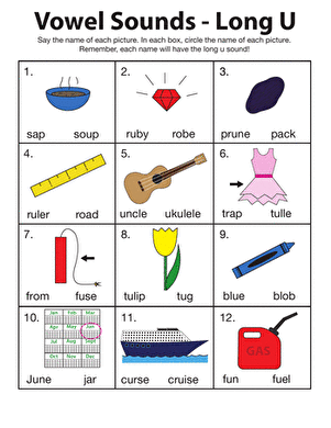 Worksheet for practicing long U words with matching pictures for first graders