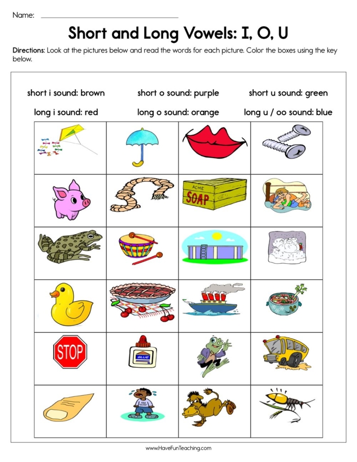 Worksheet featuring long U words with matching pictures for first graders