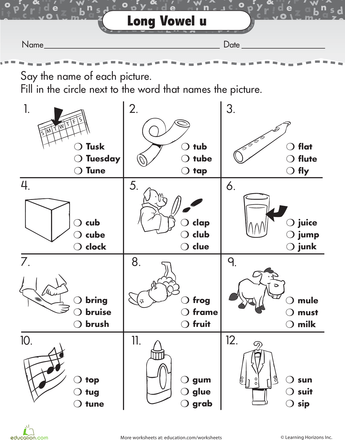 Worksheet for practicing long U words with matching pictures for first graders