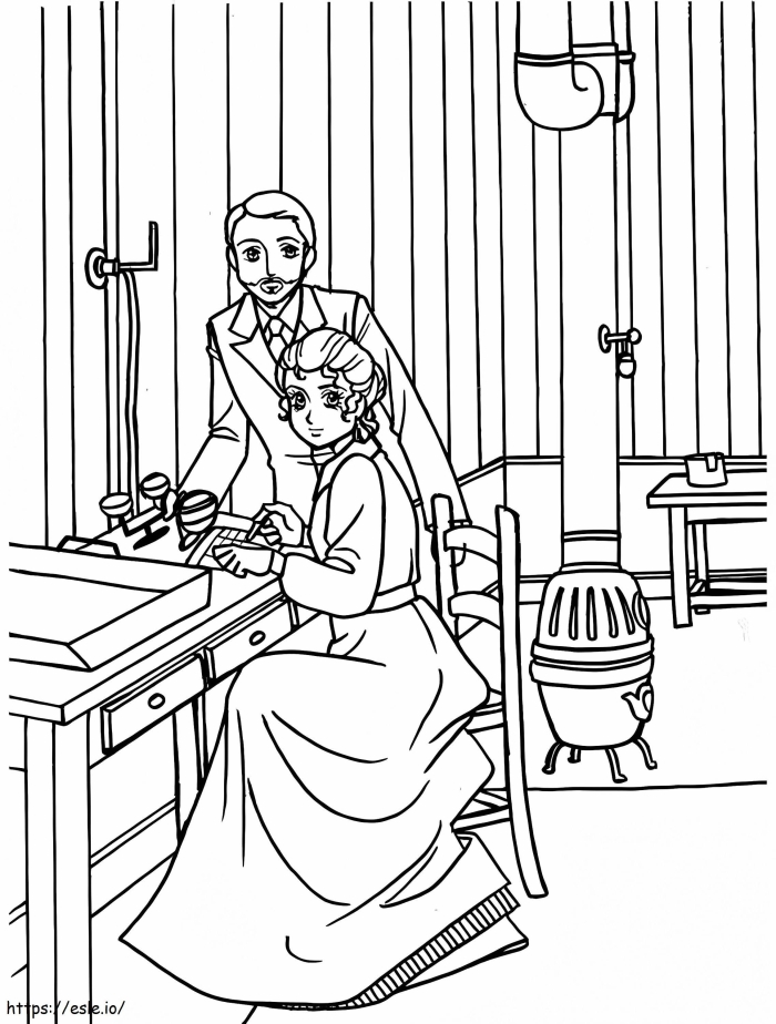 Marie Curie coloring page showing her in a home laboratory setting for first grade sight words
