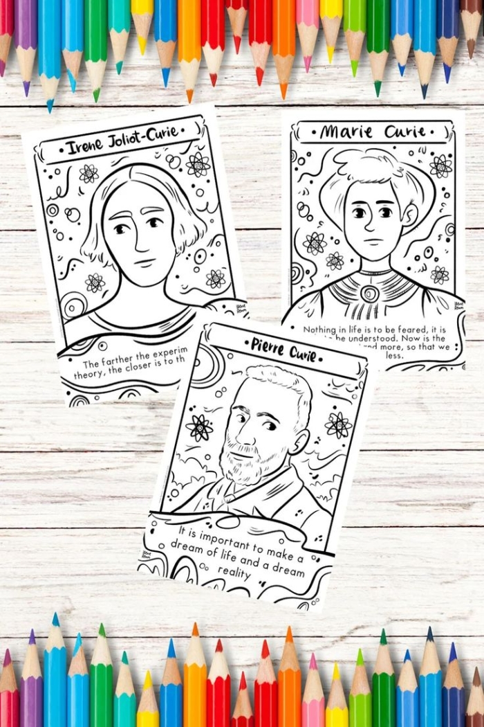 Marie Curie in her laboratory for a first grade sight words coloring worksheet
