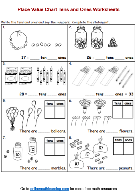 History worksheet for First Grade Worksheet for first graders focused on reading place value in ones and tens. Engaging activity to enhance math skills for young learners.