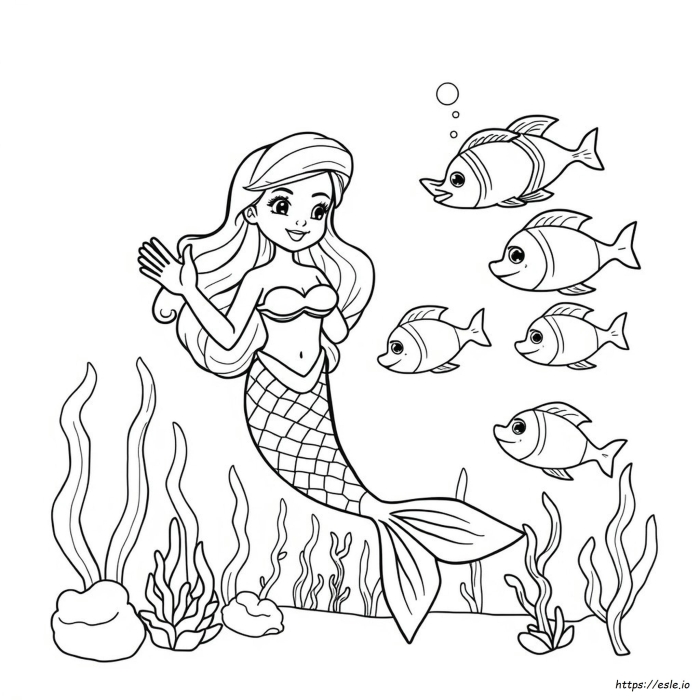 Coloring page featuring a whimsical mermaid surrounded by ocean elements for first graders to enjoy