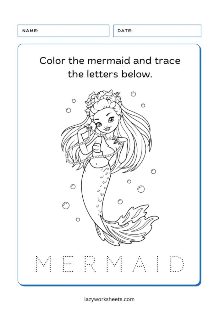 Mermaid coloring page worksheet featuring a whimsical underwater scene for first graders