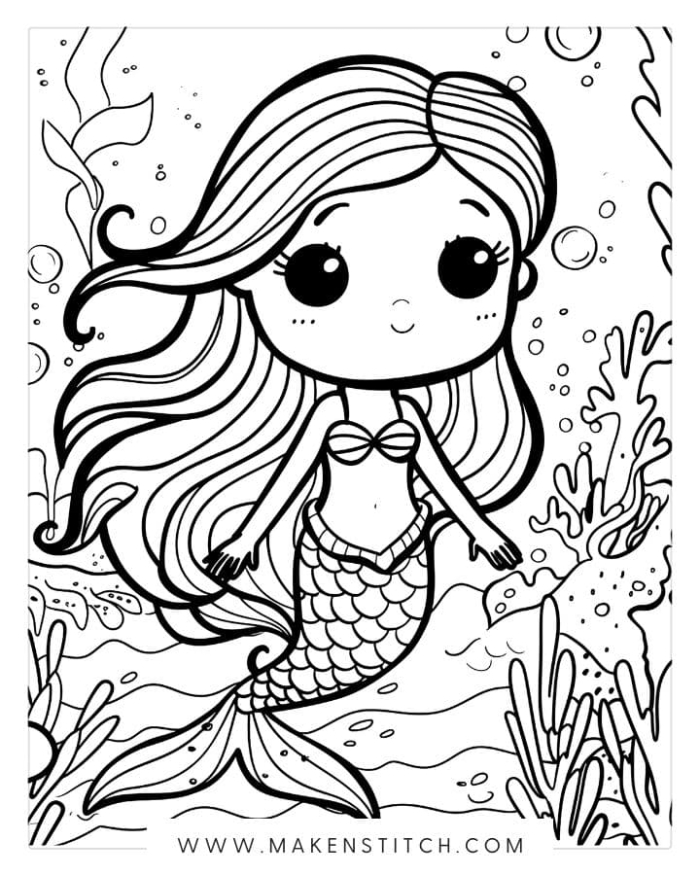 Mermaid coloring page worksheet designed for first graders to explore fractions while having fun