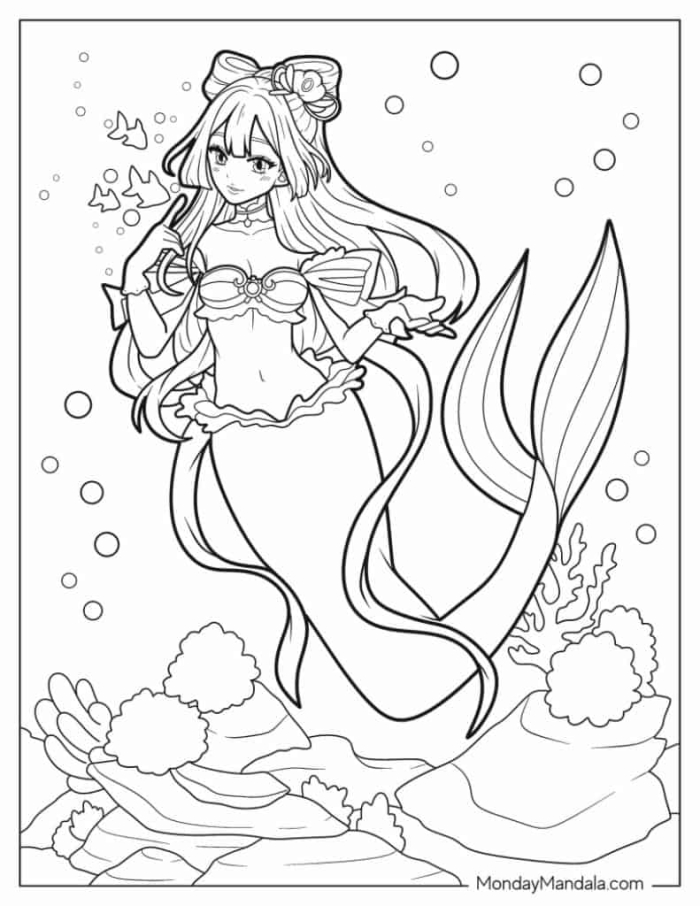 Mermaid coloring page worksheet featuring a whimsical underwater scene for first graders