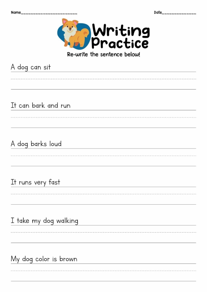 First grade music sentence writing worksheet featuring prompts for creative responses