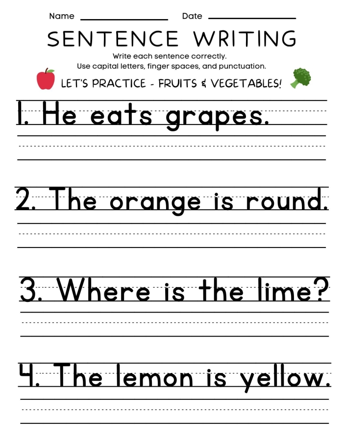 First grade music-themed sentence writing worksheet encouraging creative responses. Worksheet for practicing grammar and sentence construction related to music.