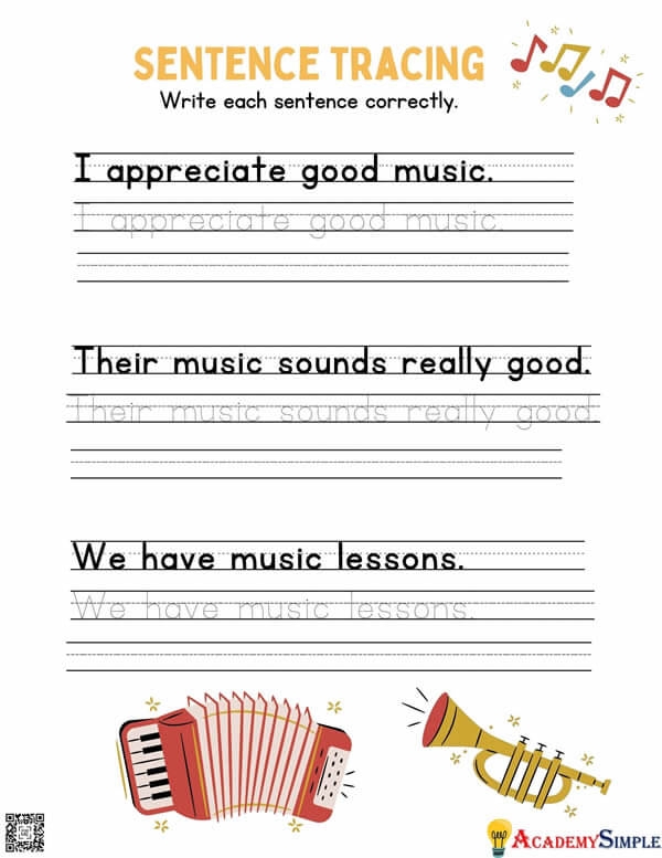 First grade students engaging with a music-themed sentence writing worksheet