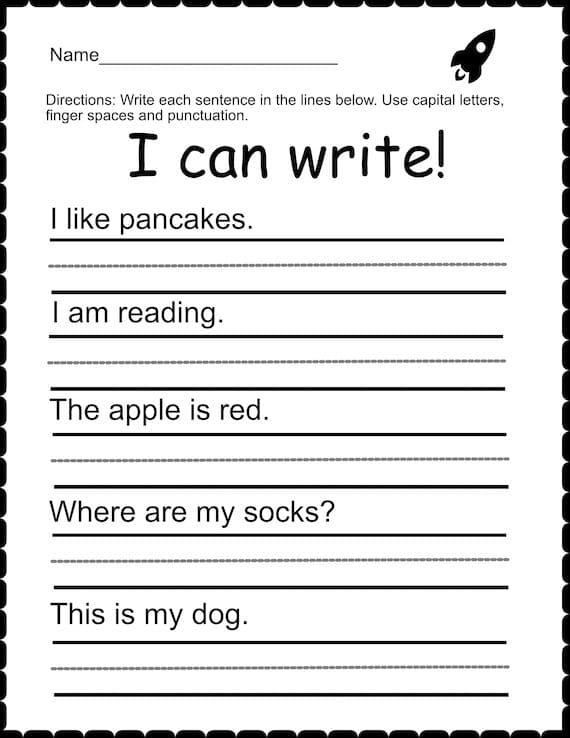 Colorful worksheet for first graders to practice sentence writing about music
