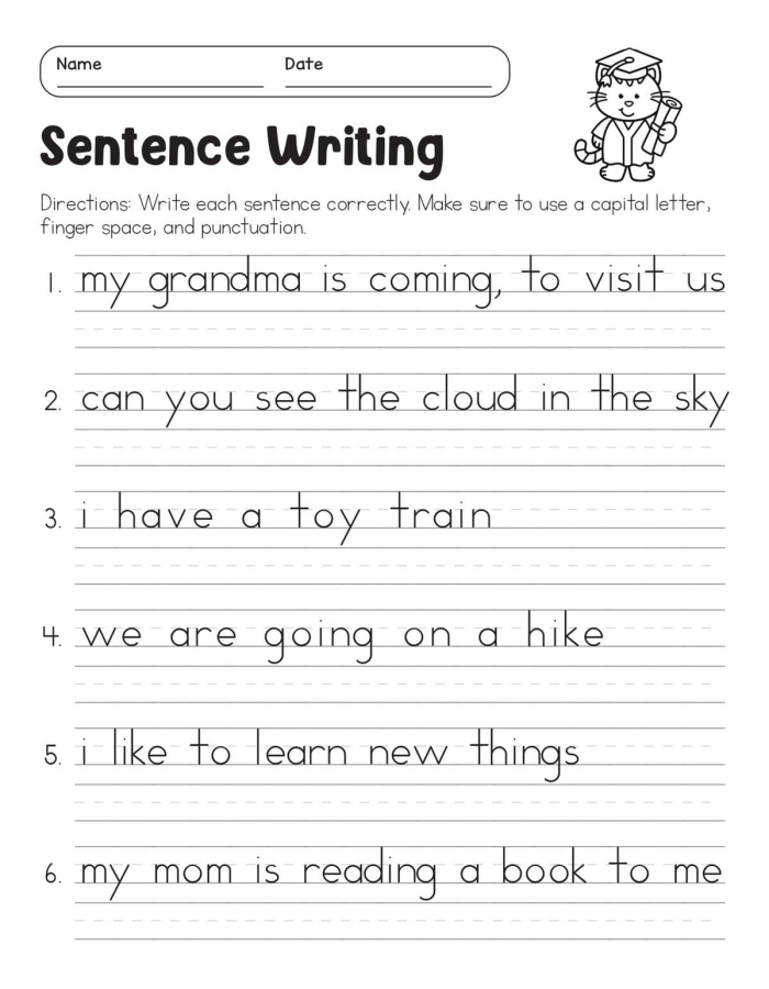 Worksheet for first graders on writing sentences about music