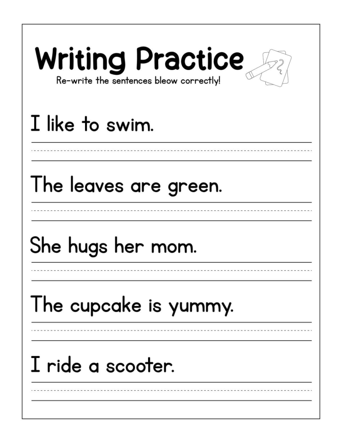 First grade student completing a sentence writing worksheet about music. Worksheet image for practicing grammar and creative writing skills.