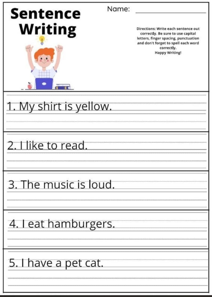 Worksheet for first graders on writing sentences about music