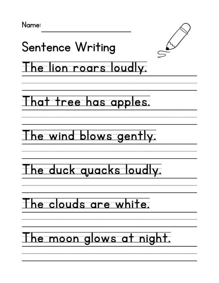 First grade student working on a music-themed sentence writing worksheet