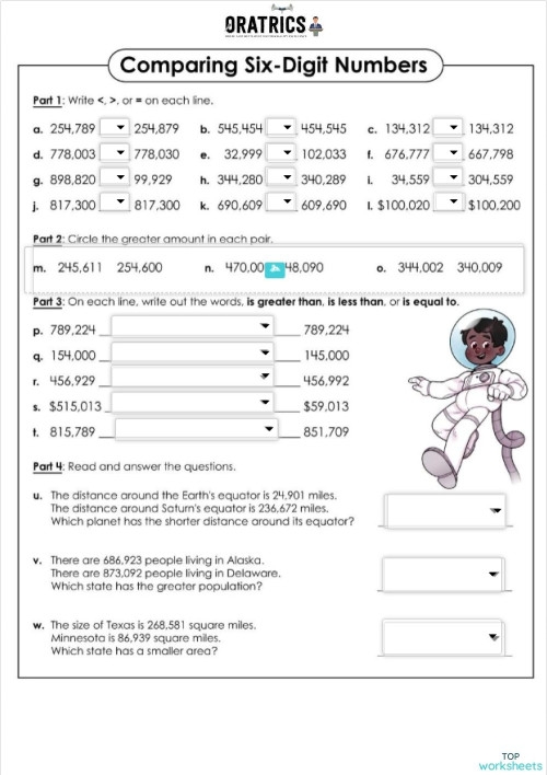 Number Comparison worksheet 21 for learning number relationships in first grade First Grade worksheet for practicing greater than and less than with numbers