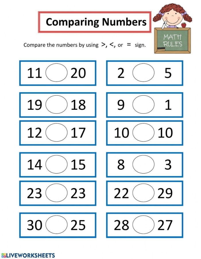 Number comparison practice with symbols for first graders worksheet 17 First grade number comparison worksheet featuring greater than and less than signs
