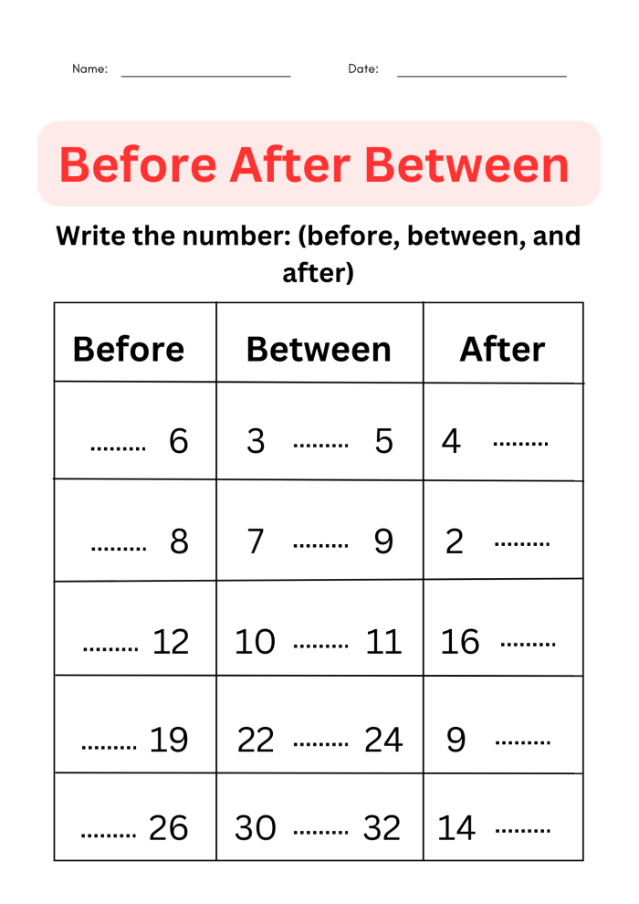 Printable counting exercise for children to improve number sequence skills First Grade math worksheet focusing on before, after, and between numbers practice