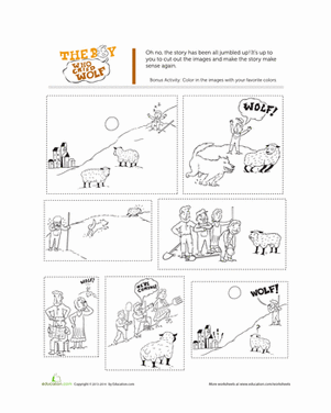 Numbers and Counting worksheet for First Grade Worksheet for The Boy Who Cried Wolf story, focusing on numbers and counting for first graders. Fun activity to reorder the fable correctly!