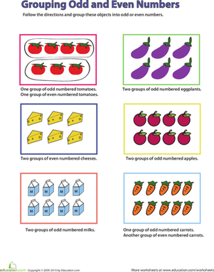 Grouping Objects: Odd and Even Numbers Worksheet for Grade 1 Worksheet illustrating the concept of grouping odd and even numbers for first graders