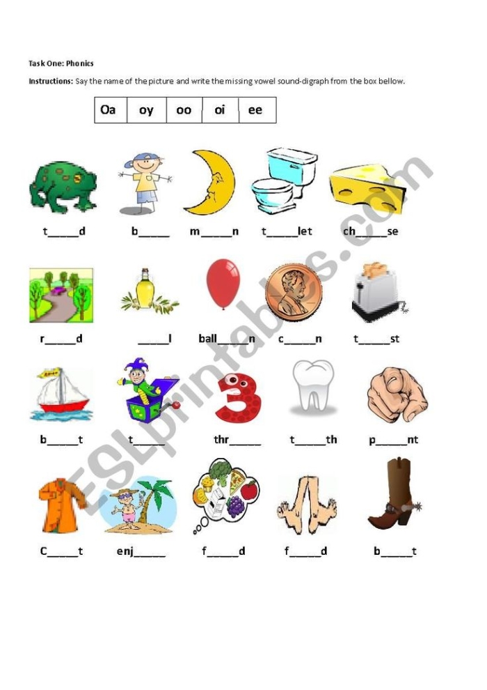 Engaging Oi Phoneme practice sheet for young learners in first grade First Grade worksheet practicing the oi vowel sound with colorful illustrations