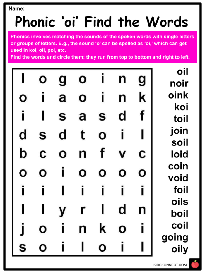 Oi phoneme practice sheet for young learners in first grade First Grade worksheet practicing the Oi phoneme with vowel sounds