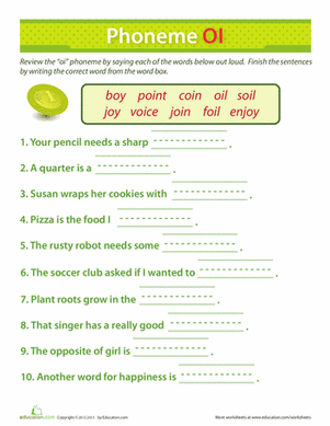 Oi Phoneme review worksheet for first grade alphabet learners 13 First Grade worksheet practicing the oi phoneme with vowel sounds