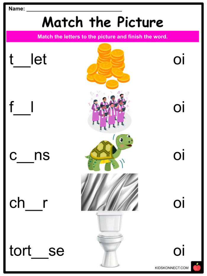 Oi phoneme practice sheet for early alphabet learners 19 First Grade worksheet for practicing the oi phoneme in vowels