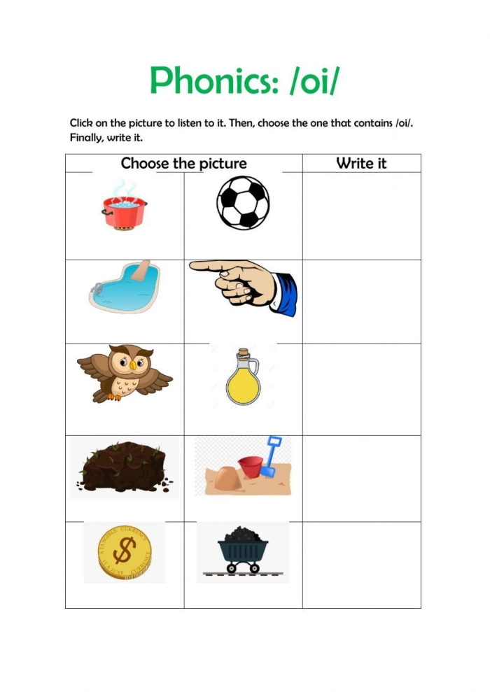 Oi phoneme focused phonics worksheet for young learners number 5 First Grade worksheet highlighting the oi vowel phoneme for alphabet practice