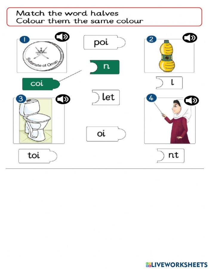 Oi phoneme practice worksheet for young learners in first grade, image 18 First Grade worksheet practicing the oi vowel phoneme with pictures and words
