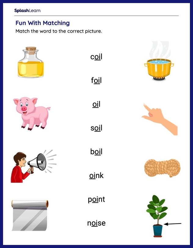 Alphabet oi phoneme practice worksheet for young learners 8 First Grade worksheet focusing on the oi phoneme for vowel review