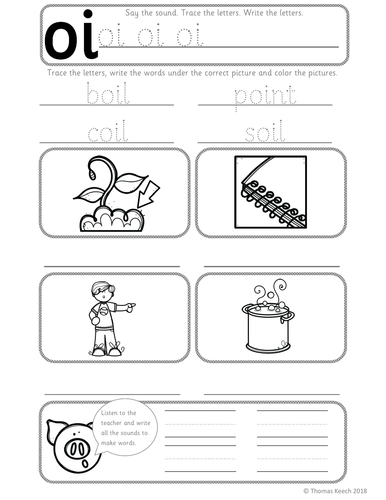 Oi phoneme practice sheet designed for young learners in first grade First Grade worksheet illustrating the oi phoneme with engaging vowel activities