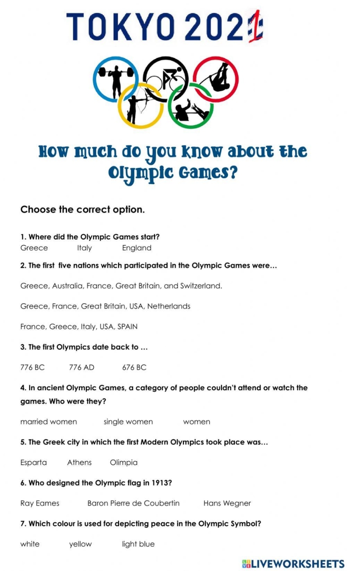 First Grade Olympic Timeline worksheet focusing on key events with fractions