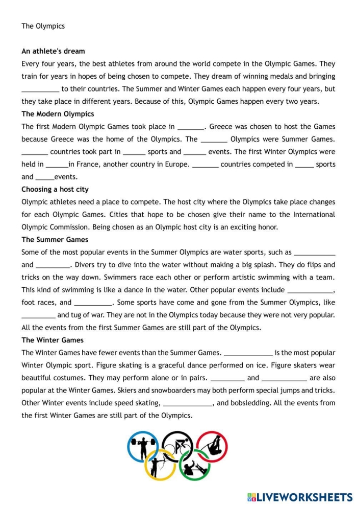 First Grade Olympic timeline worksheet featuring key moments and fraction activities