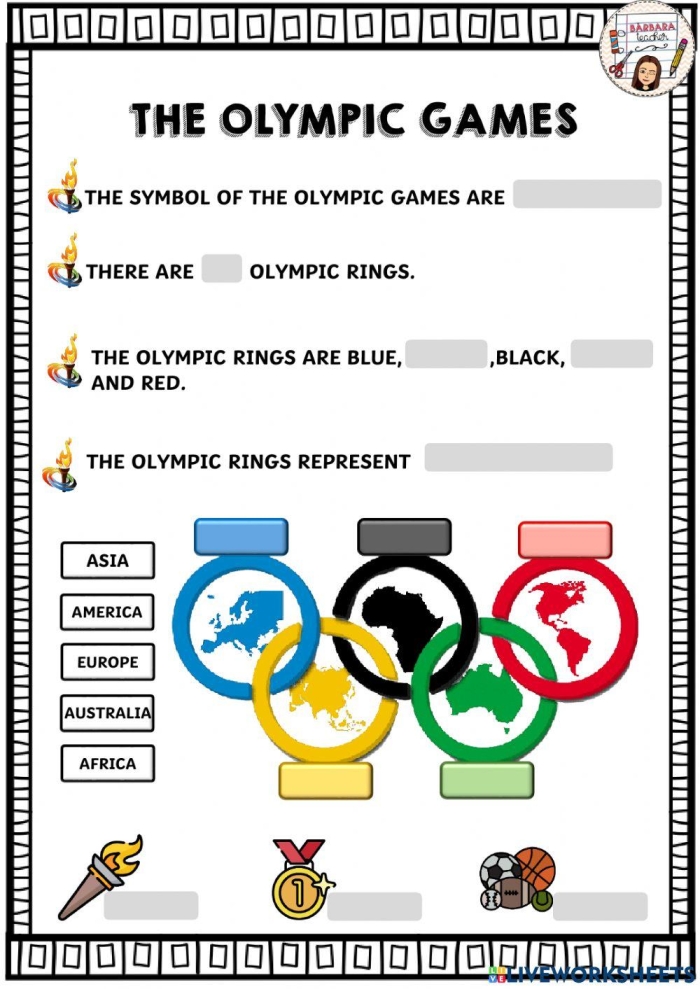 First Grade Olympic Timeline worksheet showing key Olympic moments with fractions