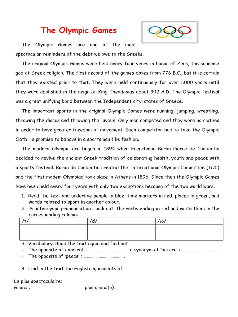 First Grade Olympic Timeline worksheet featuring key historical moments with fractions